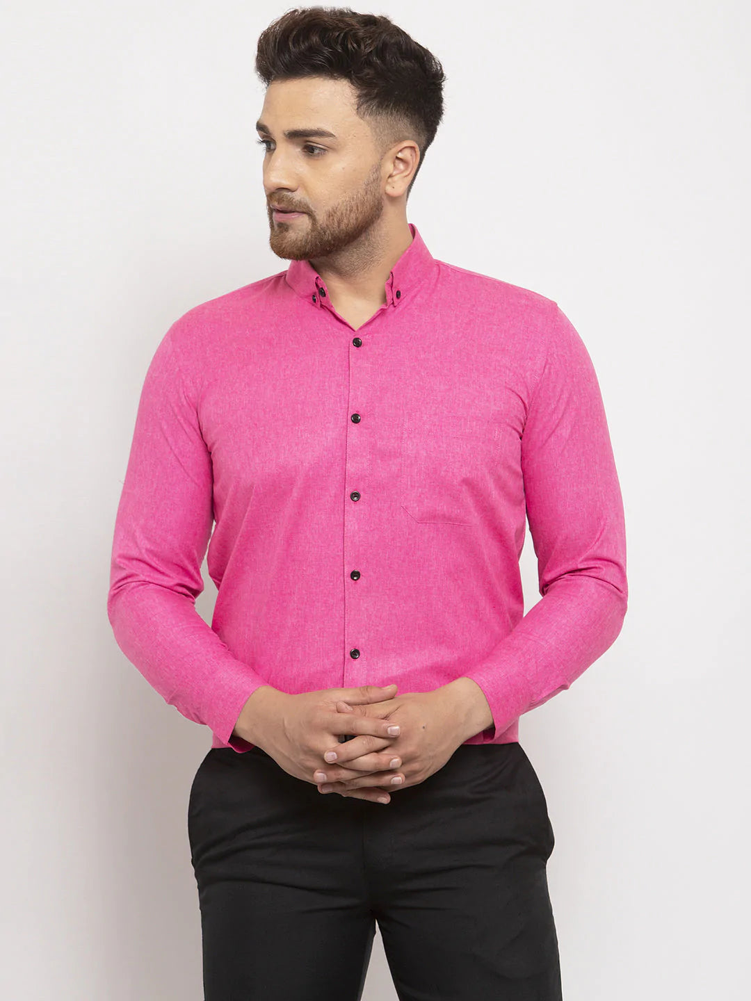 Jainish Pink Men's Cotton Solid Button Down Formal Shirts ( SF 734Pink )