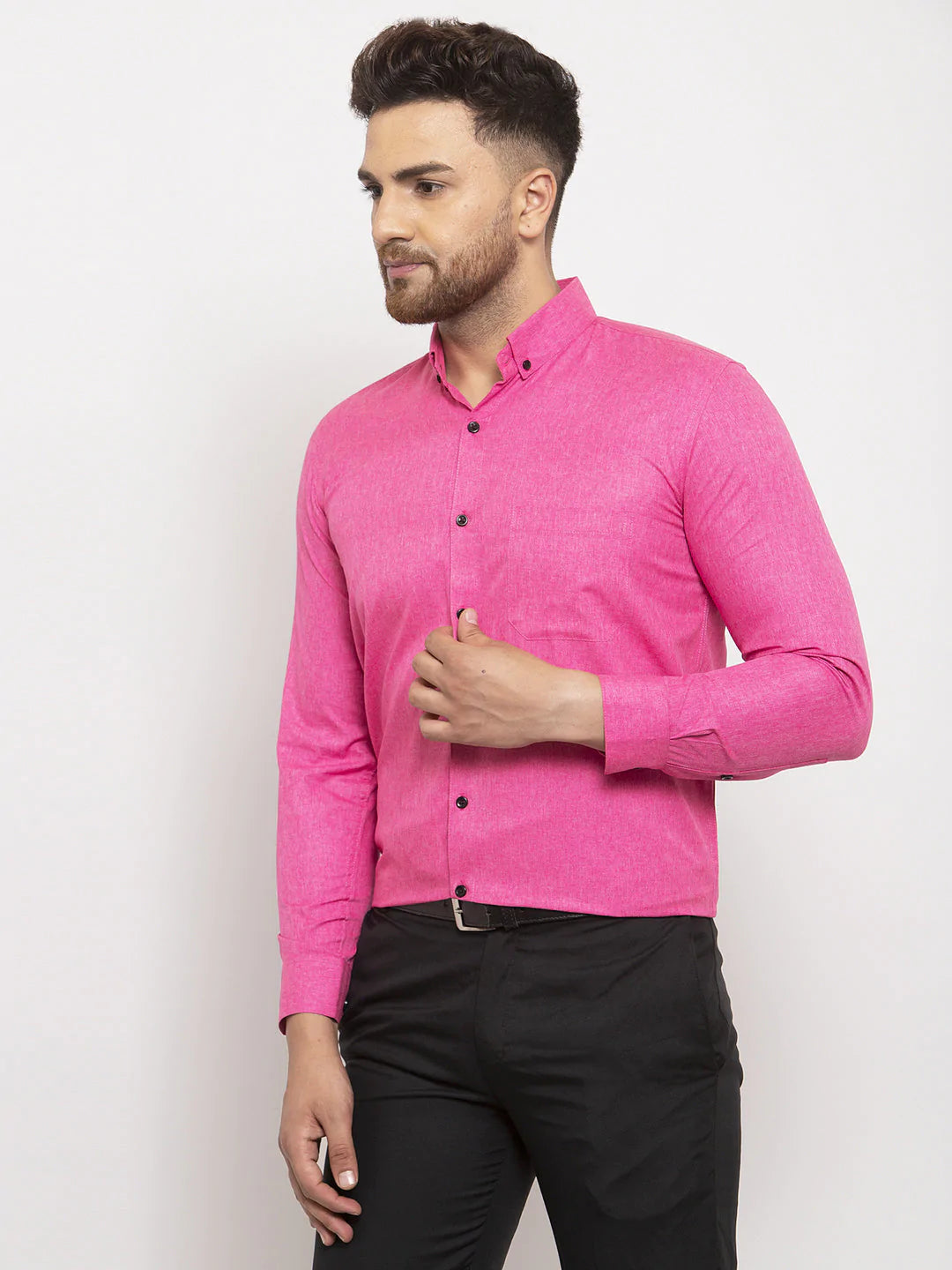 Jainish Pink Men's Cotton Solid Button Down Formal Shirts ( SF 734Pink )