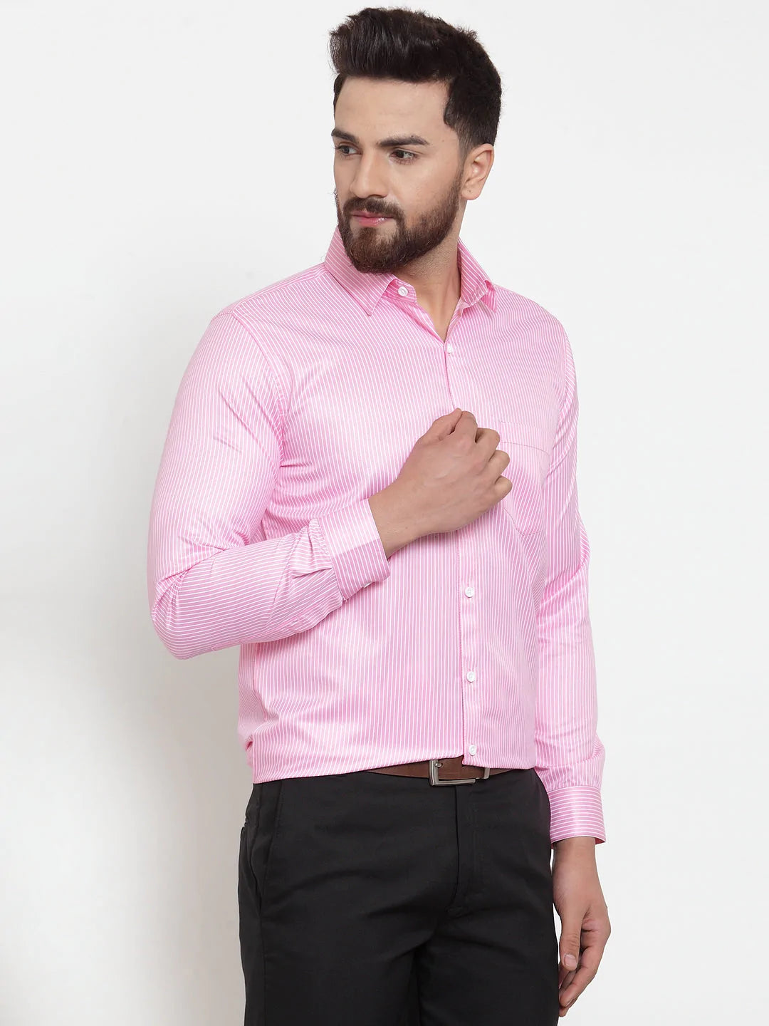 Jainish Pink Men's Cotton Stiped Formal Shirts ( SF 737Pink )