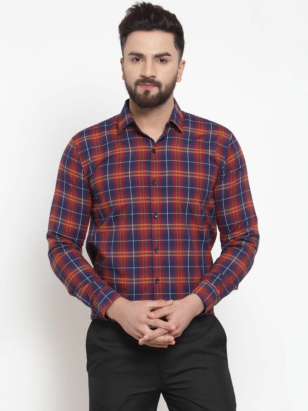 Jainish Multi Men's Cotton Checked Formal Shirts ( SF 741Blue-Red )