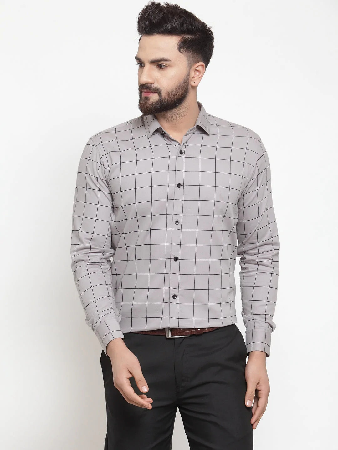 Jainish Grey Men's Cotton Checked Formal Shirts ( SF 742Grey )