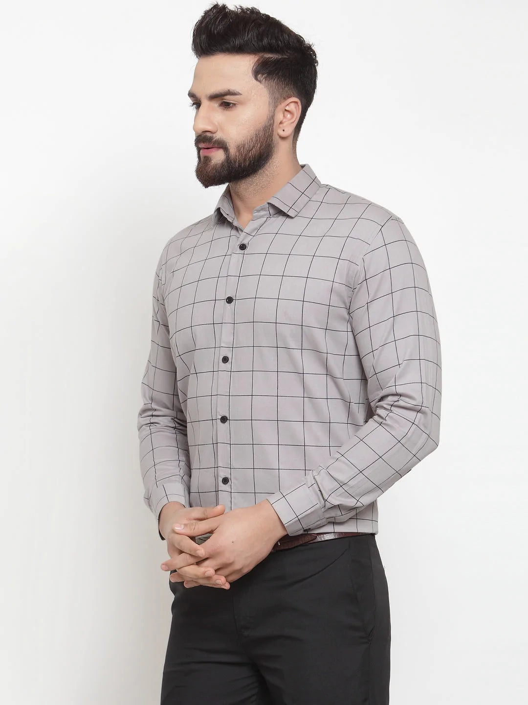 Jainish Grey Men's Cotton Checked Formal Shirts ( SF 742Grey )