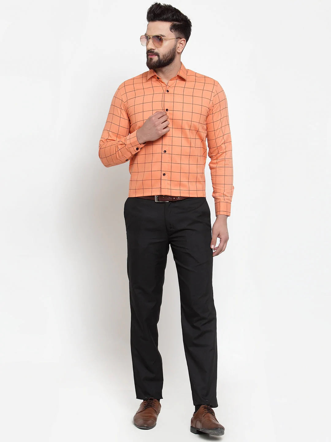 Jainish Orange Men's Cotton Checked Formal Shirts ( SF 742Orange )