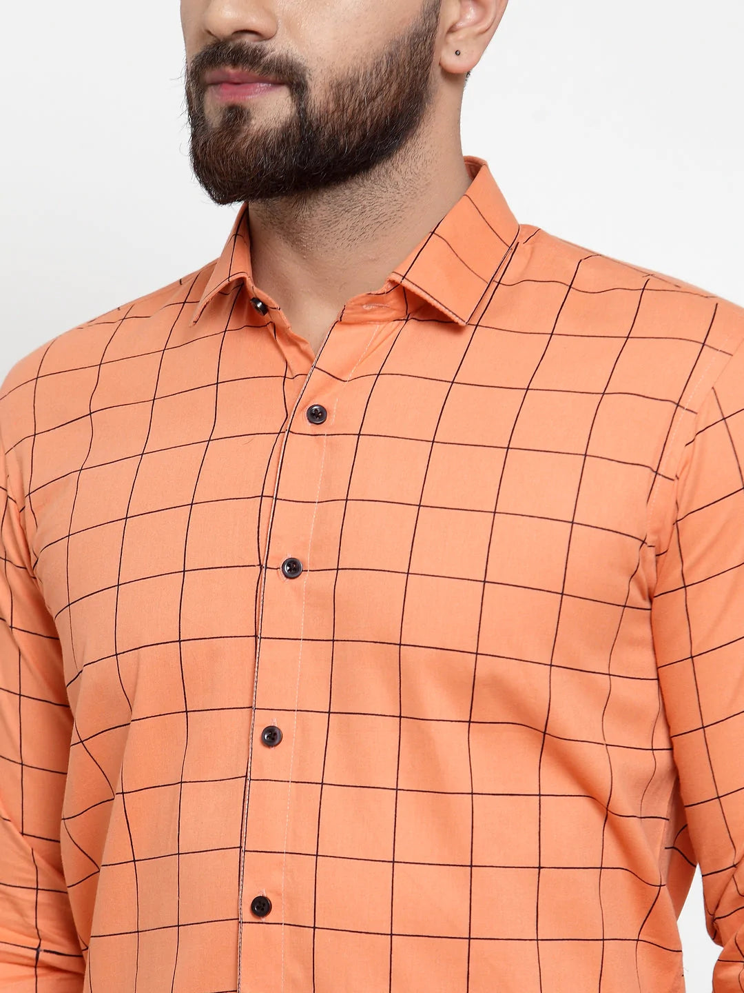 Jainish Orange Men's Cotton Checked Formal Shirts ( SF 742Orange )