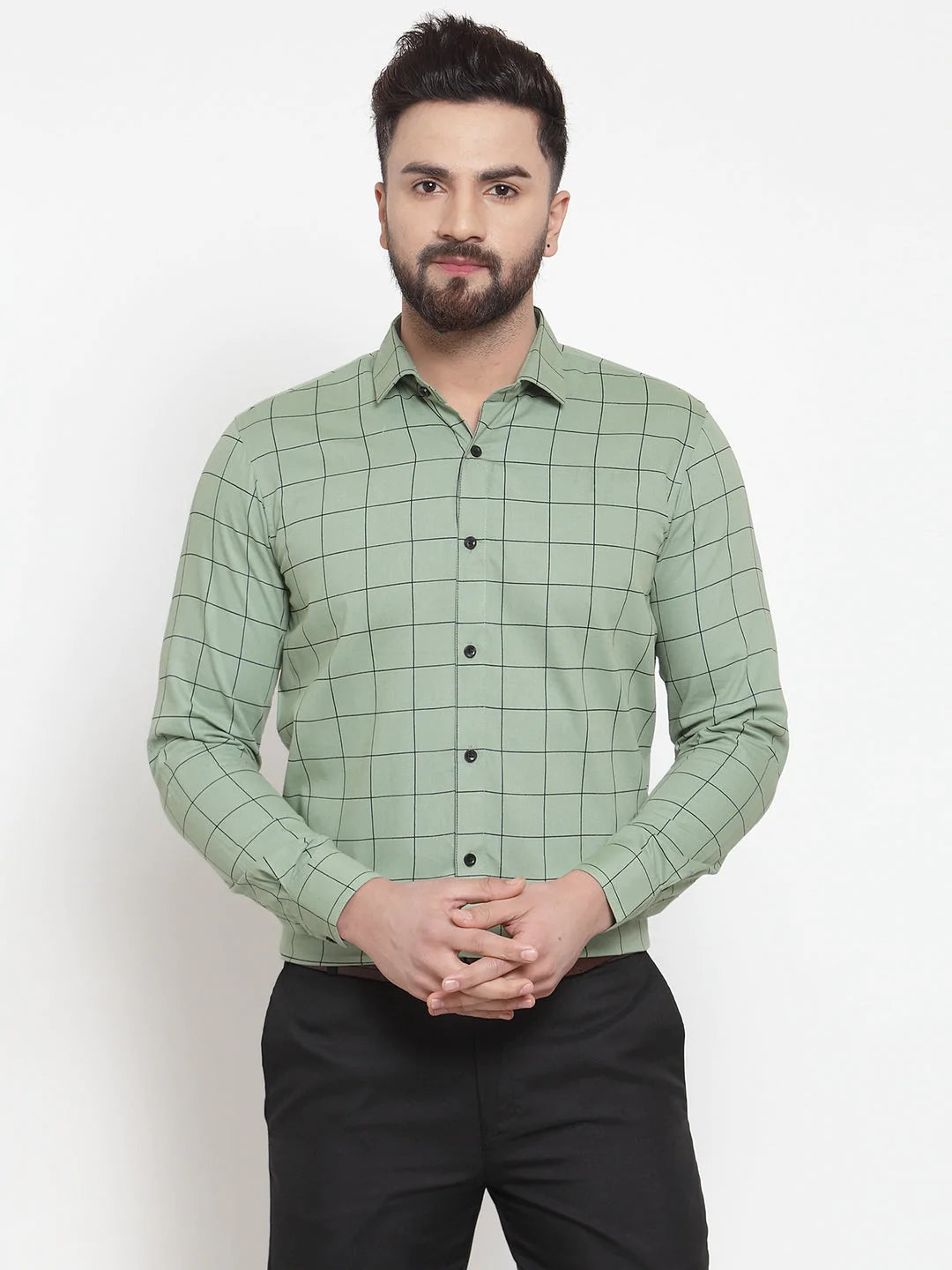 Jainish Green Men's Cotton Checked Formal Shirts ( SF 742Pista )
