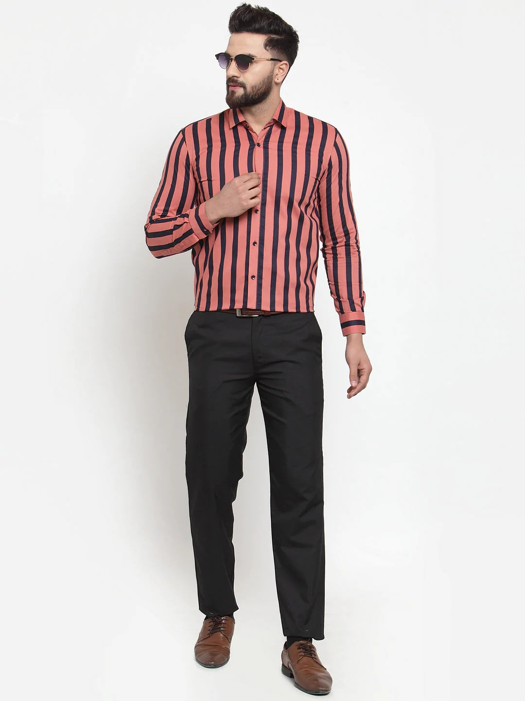 Jainish Red Men's Cotton Striped Formal Shirts ( SF 744Coral )