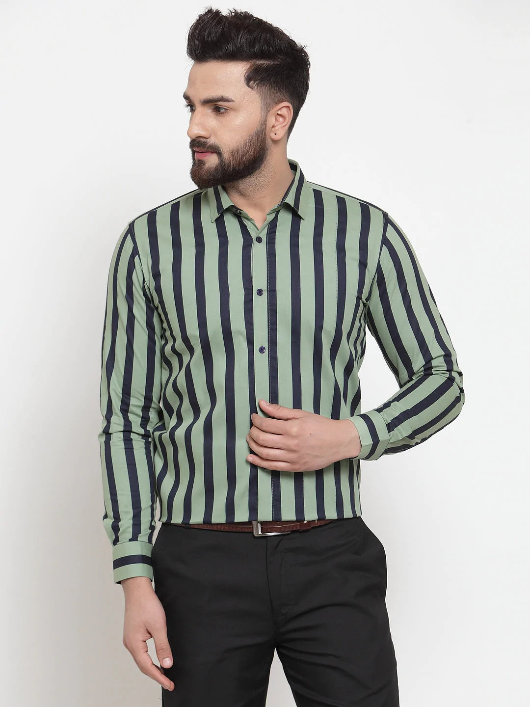 Jainish Green Men's Cotton Striped Formal Shirts ( SF 744Green )