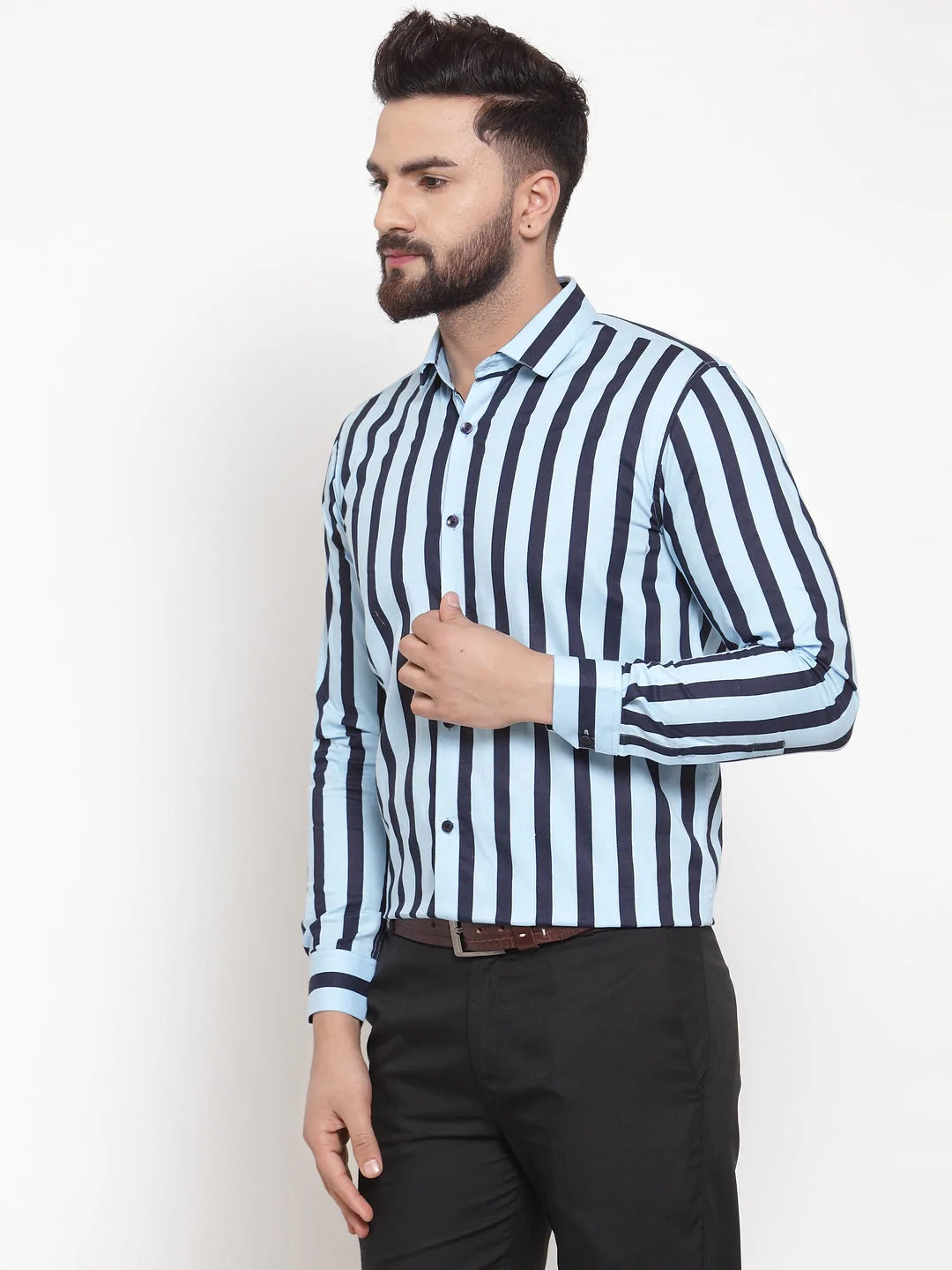 Jainish Blue Men's Cotton Striped Formal Shirts ( SF 744Sky )