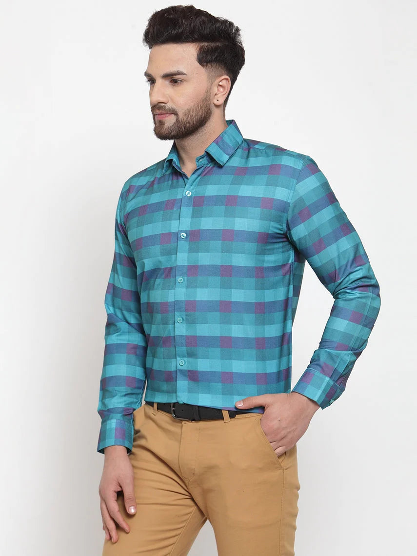 Jainish Blue Men's Cotton Checked Formal Shirt's ( SF 746Sky )