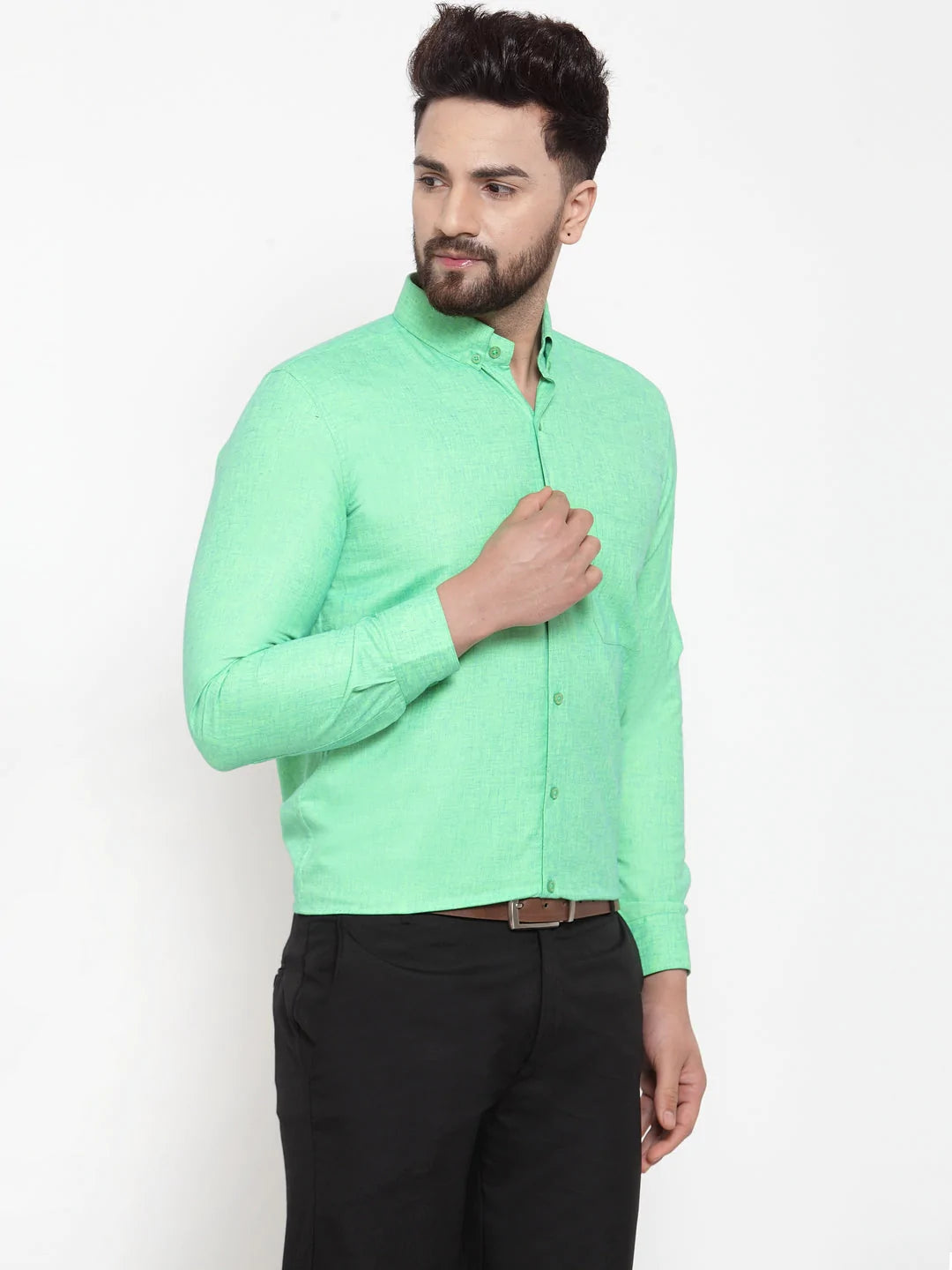 Jainish Green Men's Cotton Solid Button Down Formal Shirts ( SF 753Green )