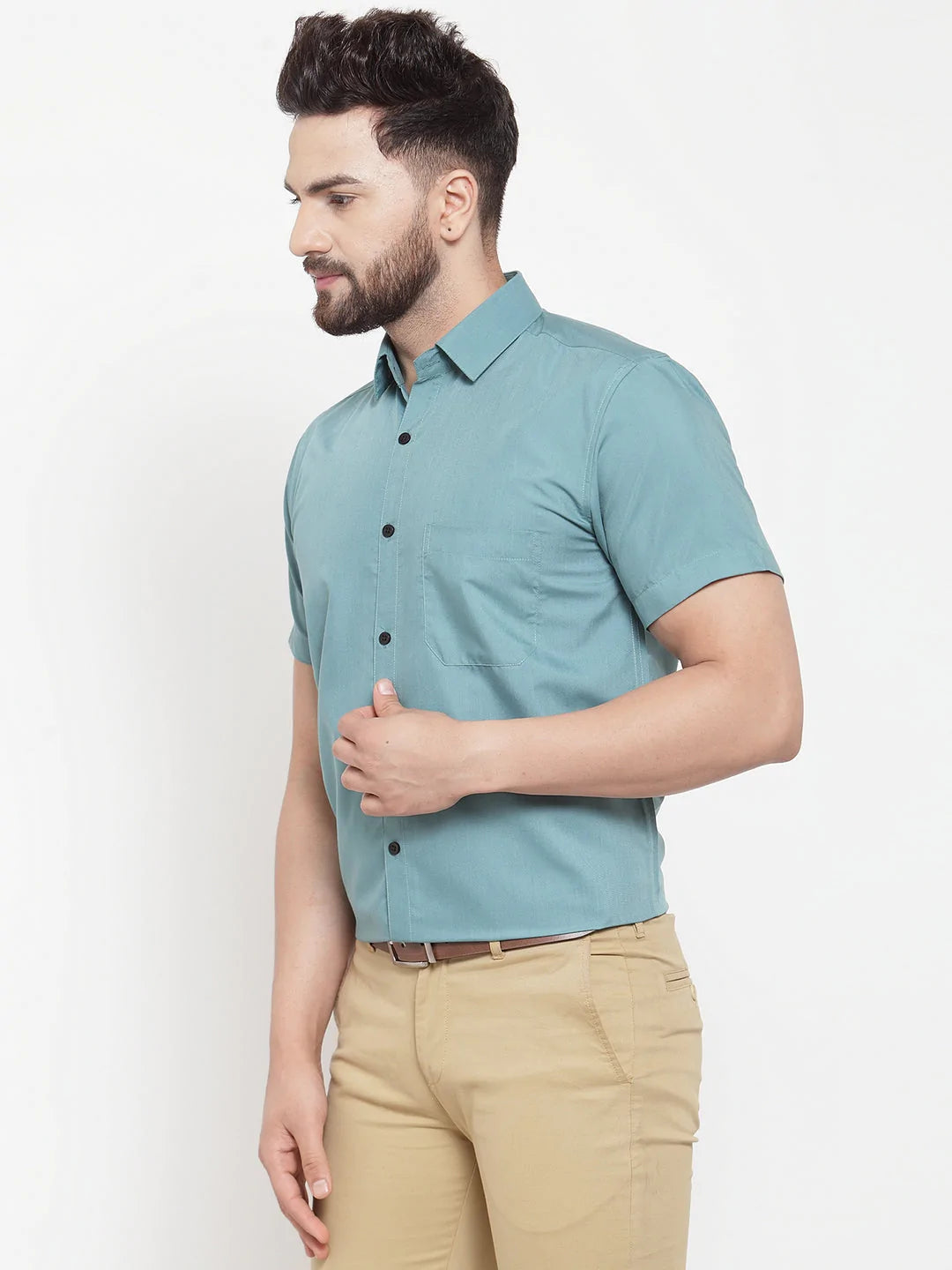Jainish Green Men's Cotton Half Sleeves Solid Formal Shirts ( SF 754Aqua )