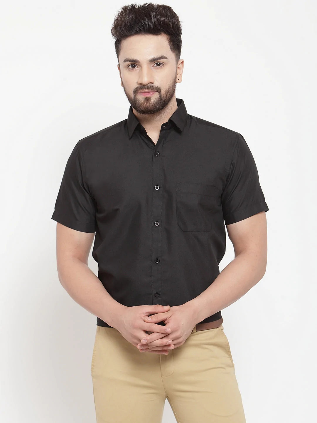 Jainish Black Men's Cotton Half Sleeves Solid Formal Shirts ( SF 754Black )