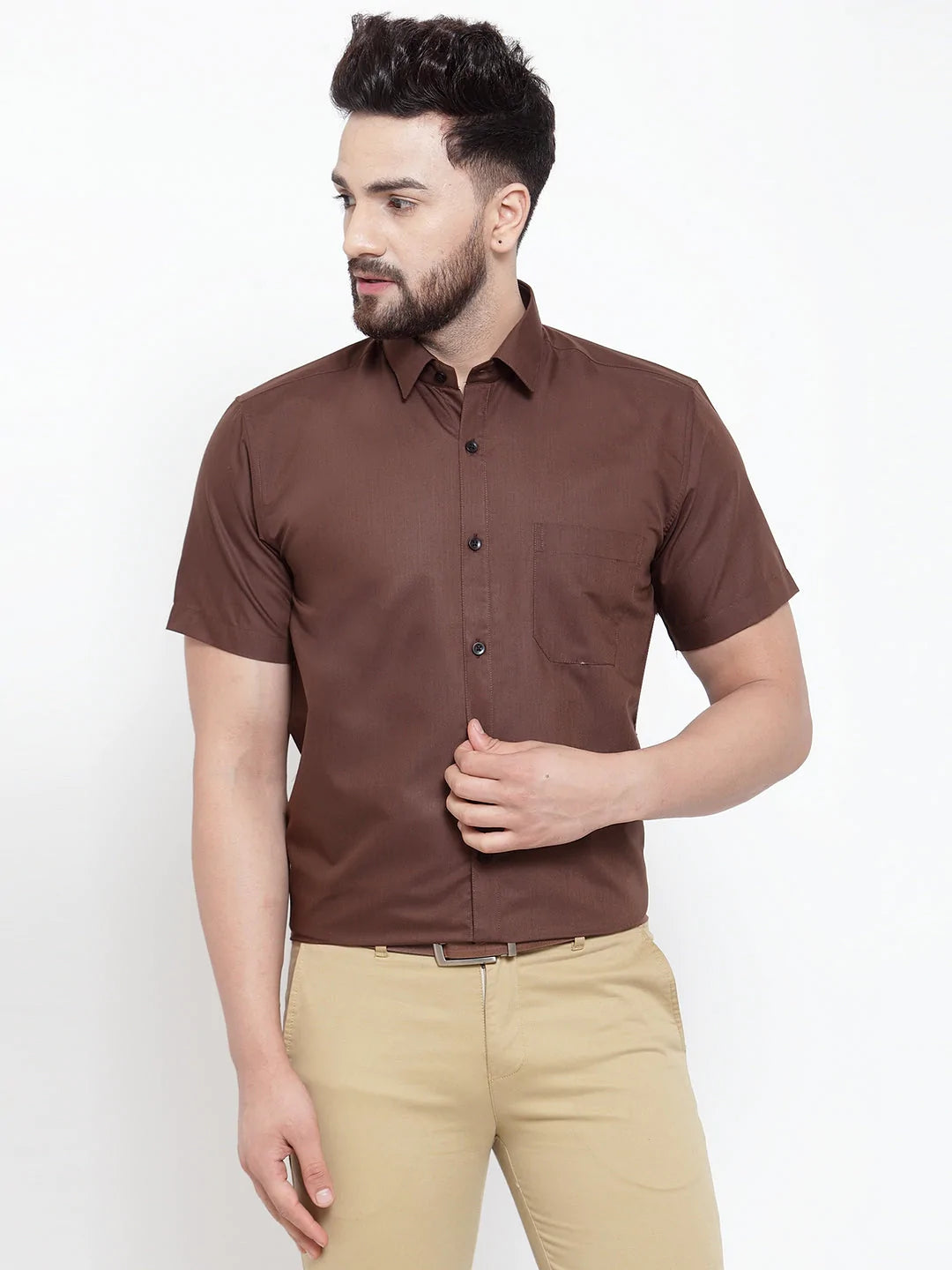 Jainish Brown Men's Cotton Half Sleeves Solid Formal Shirts ( SF 754Coffee )