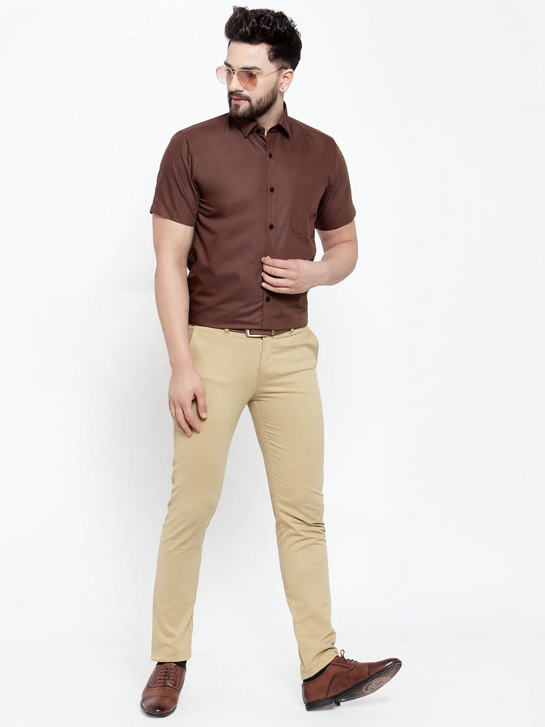 Jainish Brown Men's Cotton Half Sleeves Solid Formal Shirts ( SF 754Coffee )