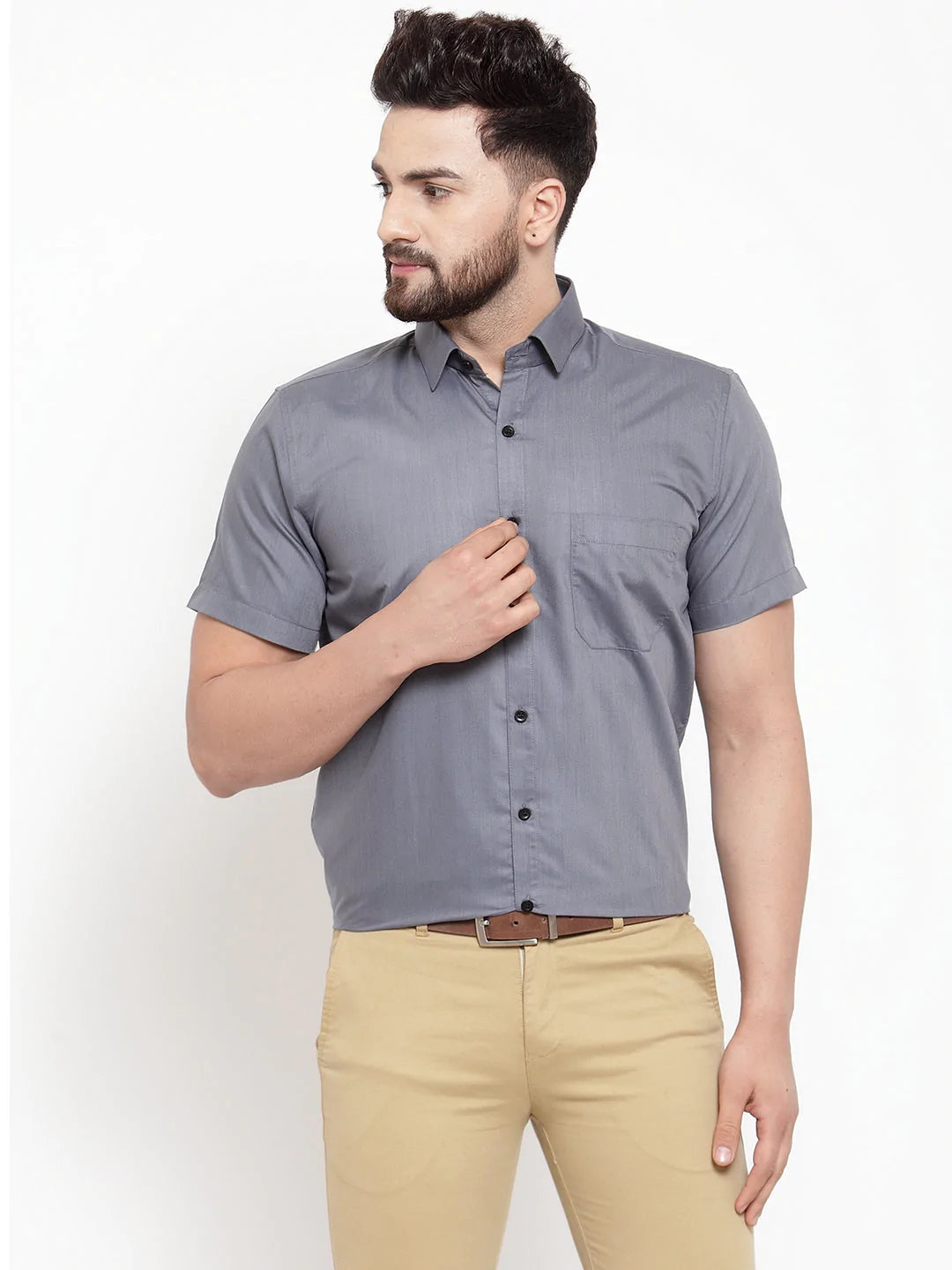 Jainish Grey Men's Cotton Half Sleeves Solid Formal Shirts ( SF 754Grey )