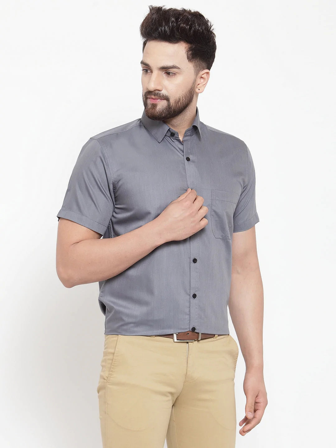 Jainish Grey Men's Cotton Half Sleeves Solid Formal Shirts ( SF 754Grey )