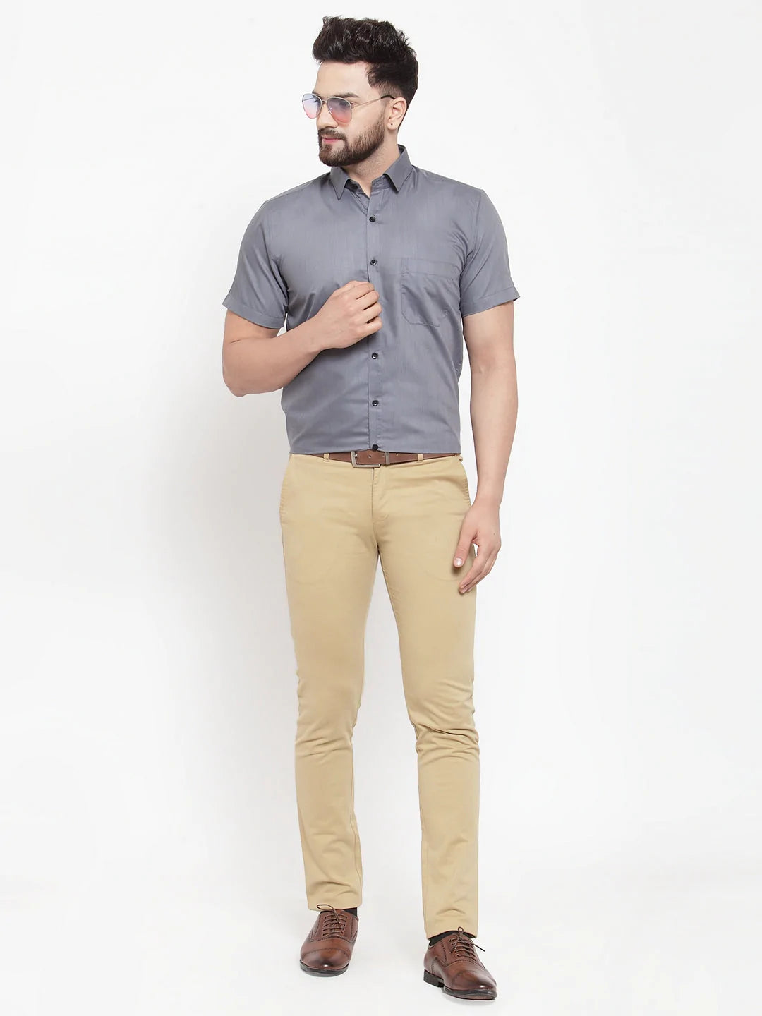Jainish Grey Men's Cotton Half Sleeves Solid Formal Shirts ( SF 754Grey )