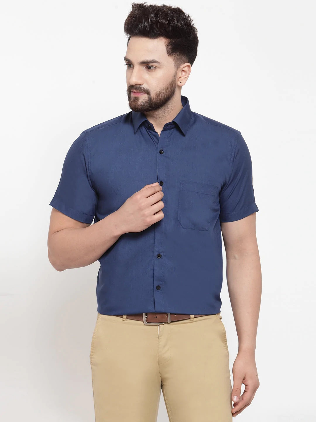 Jainish Blue Men's Cotton Half Sleeves Solid Formal Shirts ( SF 754Peacock )