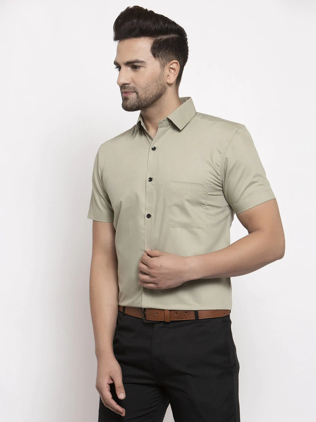 Jainish Green Men's Cotton Half Sleeves Solid Formal Shirts ( SF 754Pista )