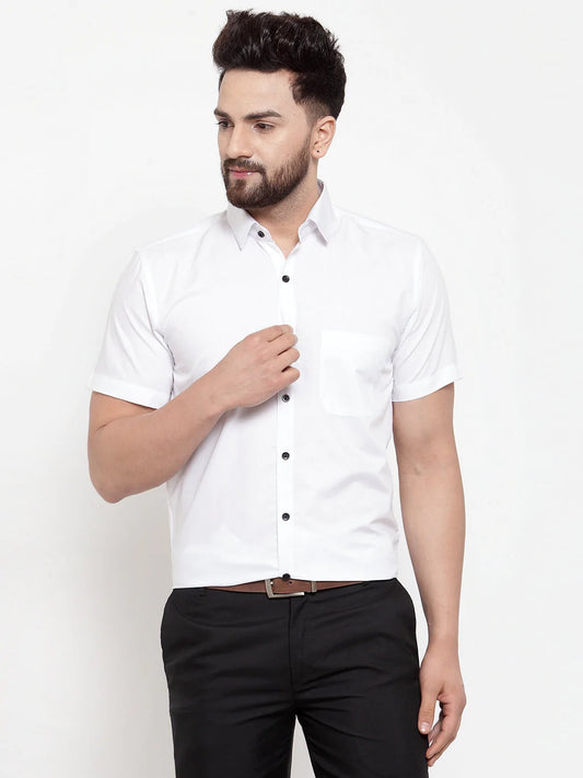 Jainish White Men's Cotton Half Sleeves Solid Formal Shirts ( SF 754White )