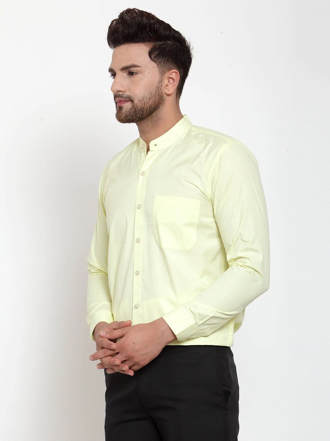 Jainish Green Men's Cotton Solid Mandarin Collar Formal Shirts ( SF 757Lime )