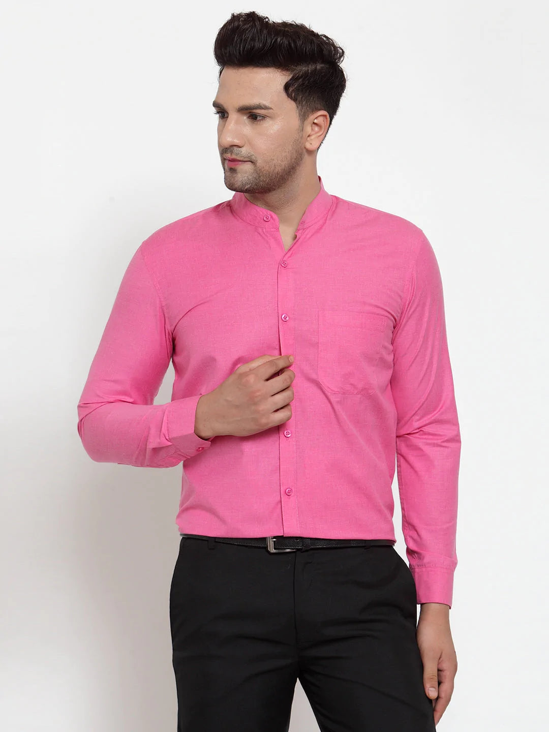 Jainish Pink Men's Cotton Solid Mandarin Collar Formal Shirts ( SF 757Pink )