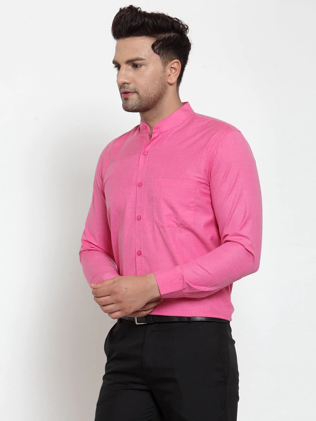Jainish Pink Men's Cotton Solid Mandarin Collar Formal Shirts ( SF 757Pink )