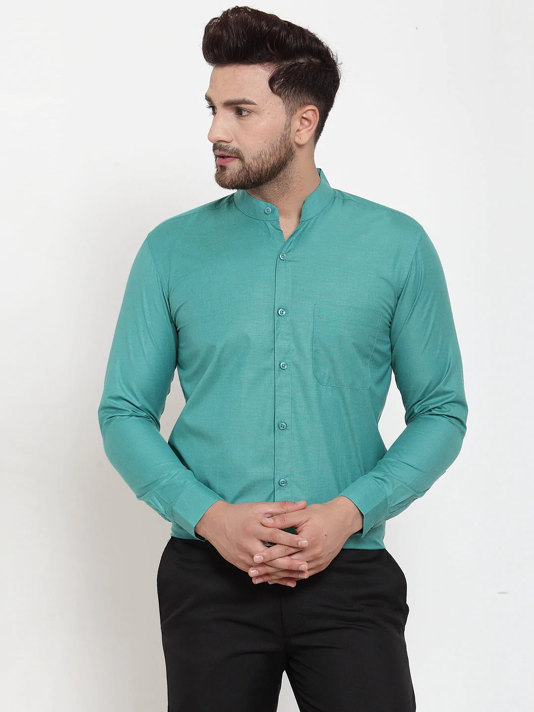 Jainish Green Men's Cotton Solid Mandarin Collar Formal Shirts ( SF 757Pista )