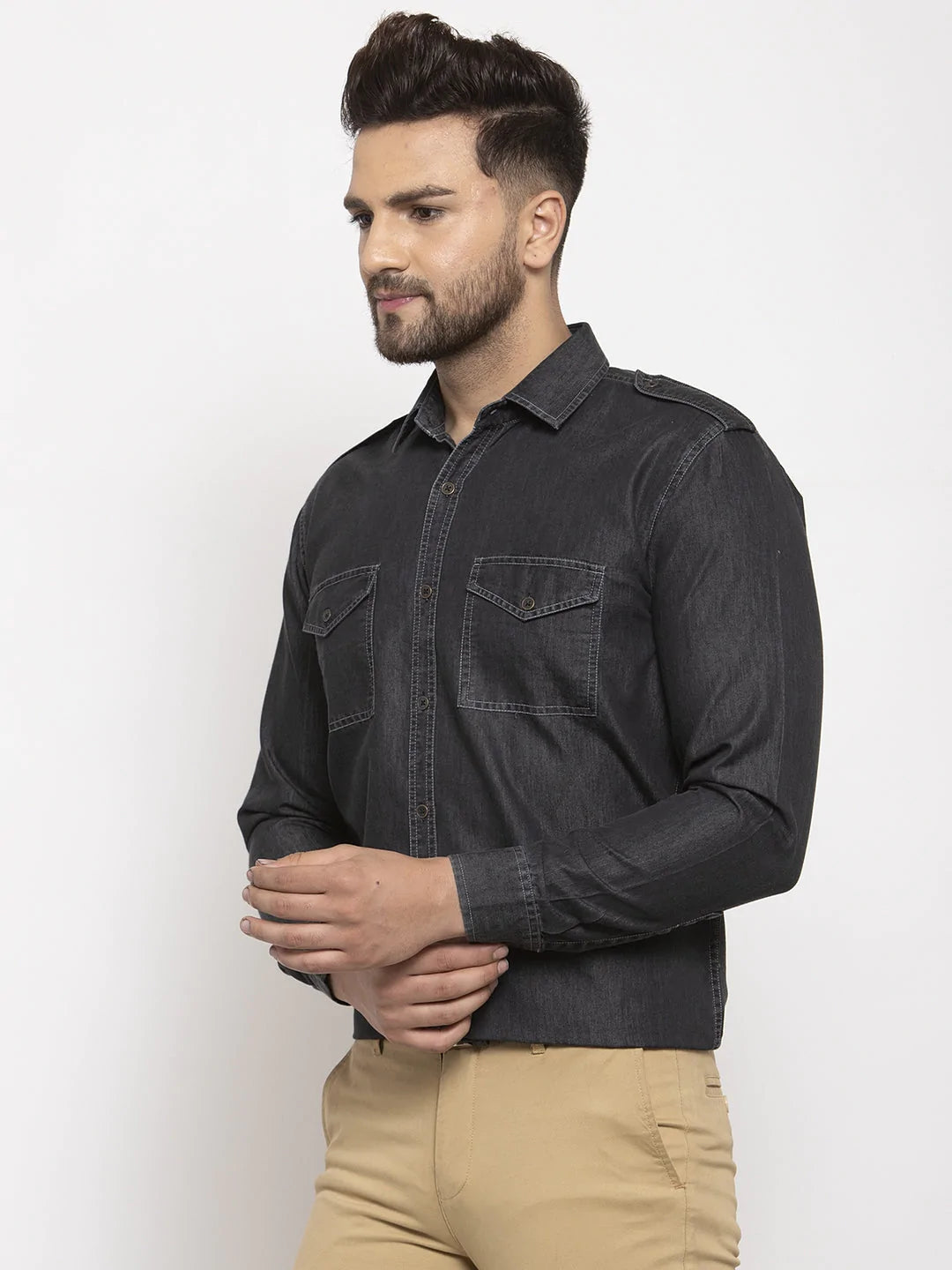Jainish Black Men's Denim Solid Formal Shirt's ( SF 763Black )
