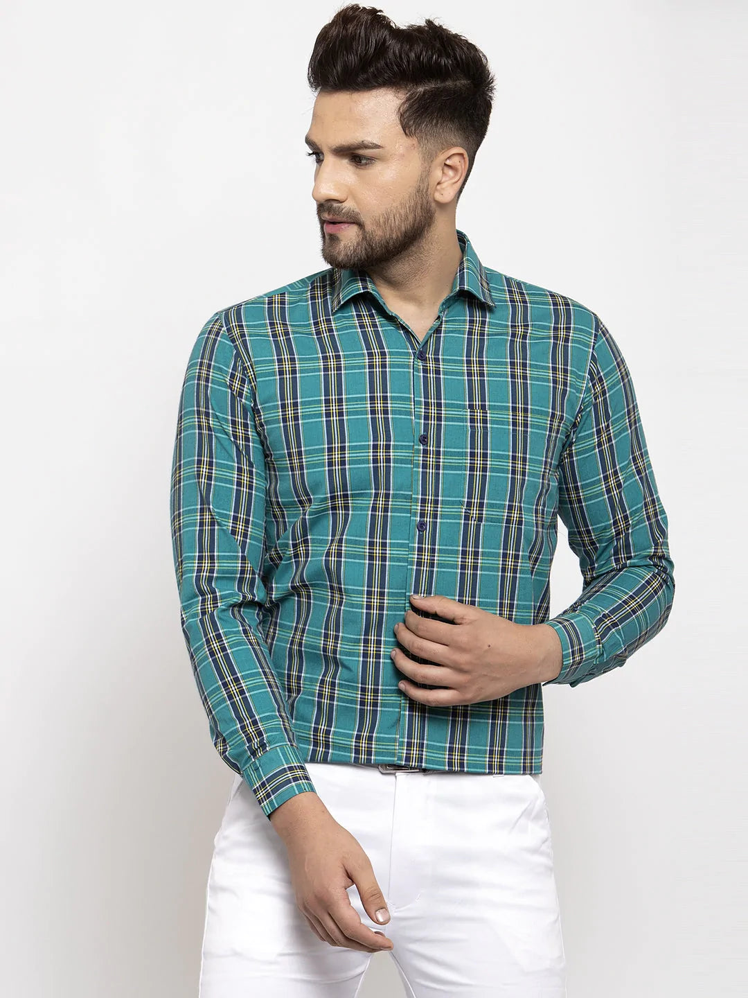 Jainish Green Men's Cotton Checked Formal Shirt's ( SF 764Green )