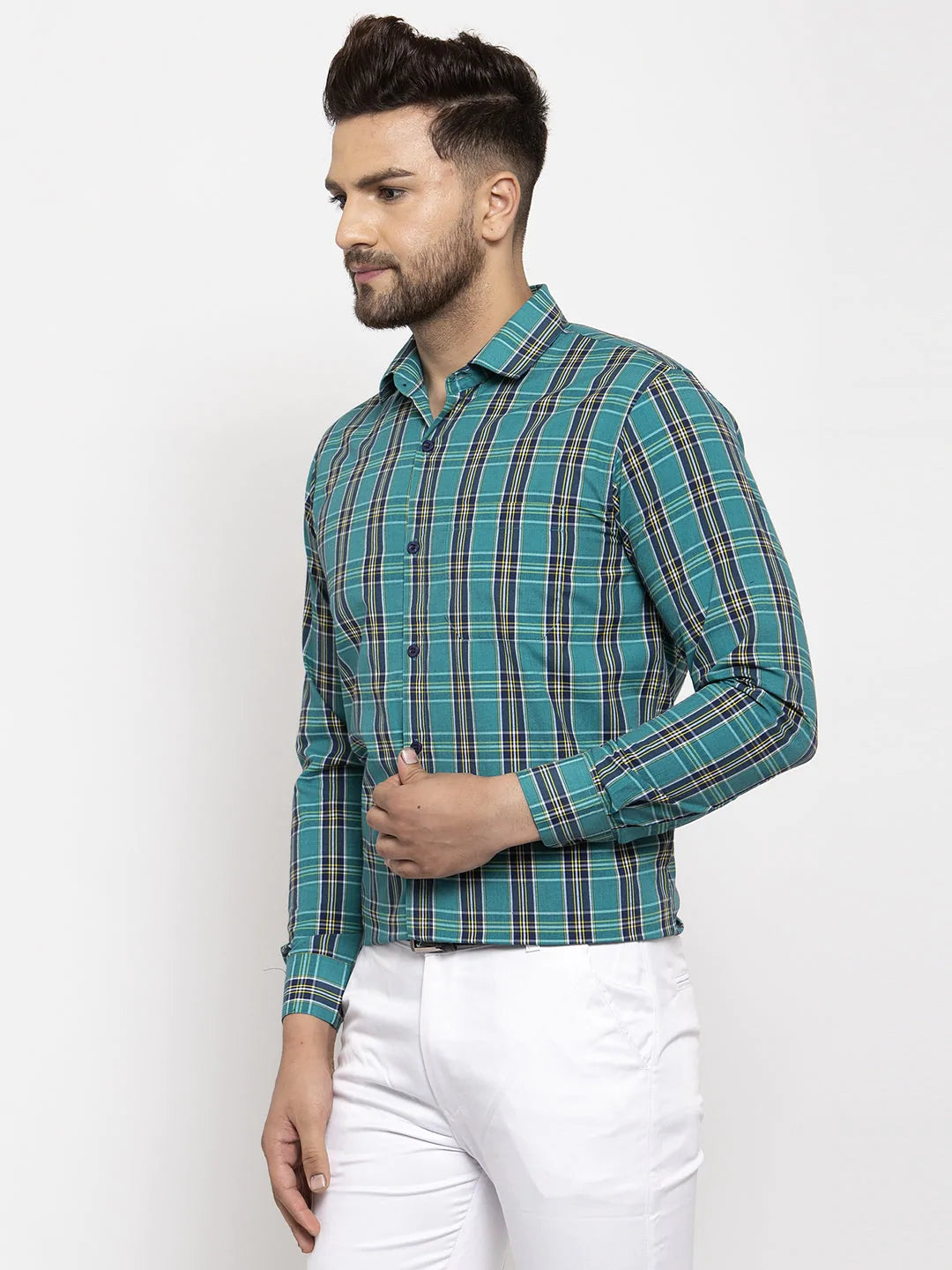 Jainish Green Men's Cotton Checked Formal Shirt's ( SF 764Green )