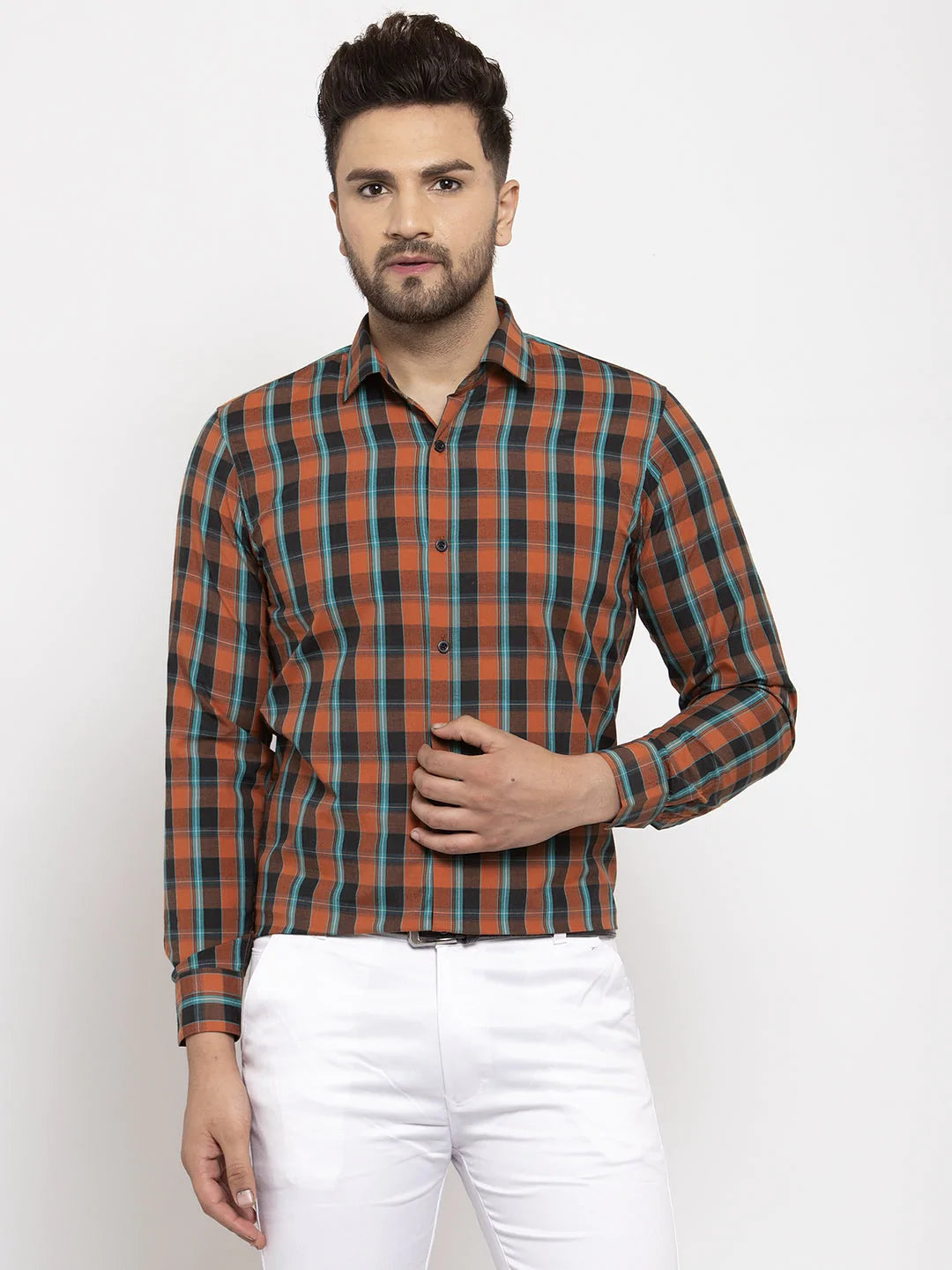 Jainish Orange Men's Cotton Checked Formal Shirt's ( SF 764Orange )