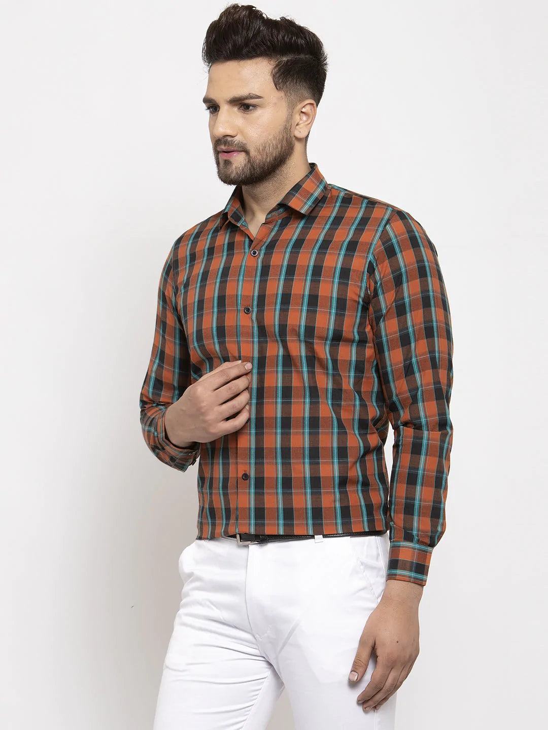 Jainish Orange Men's Cotton Checked Formal Shirt's ( SF 764Orange )