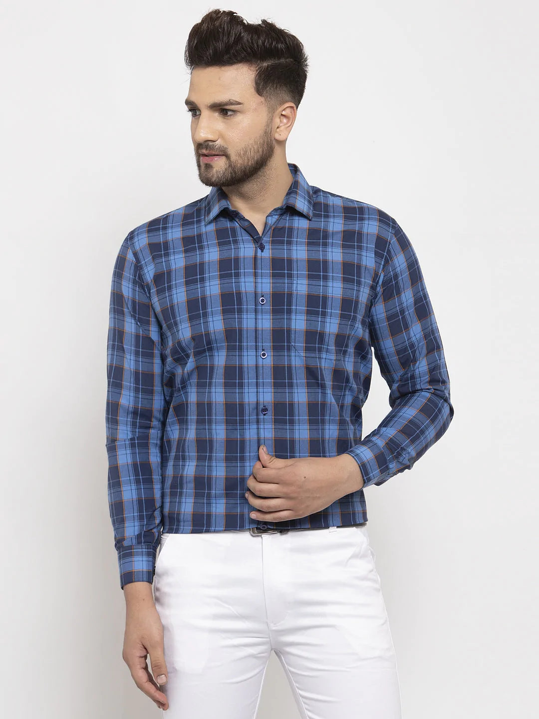 Jainish Blue Men's Cotton Checked Formal Shirt's ( SF 764Royal-Blue )