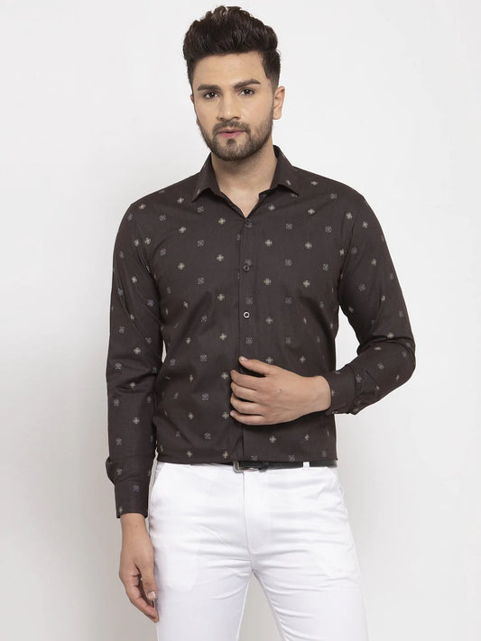 Jainish Brown Men's Cotton Printed Formal Shirt's ( SF 766Black )