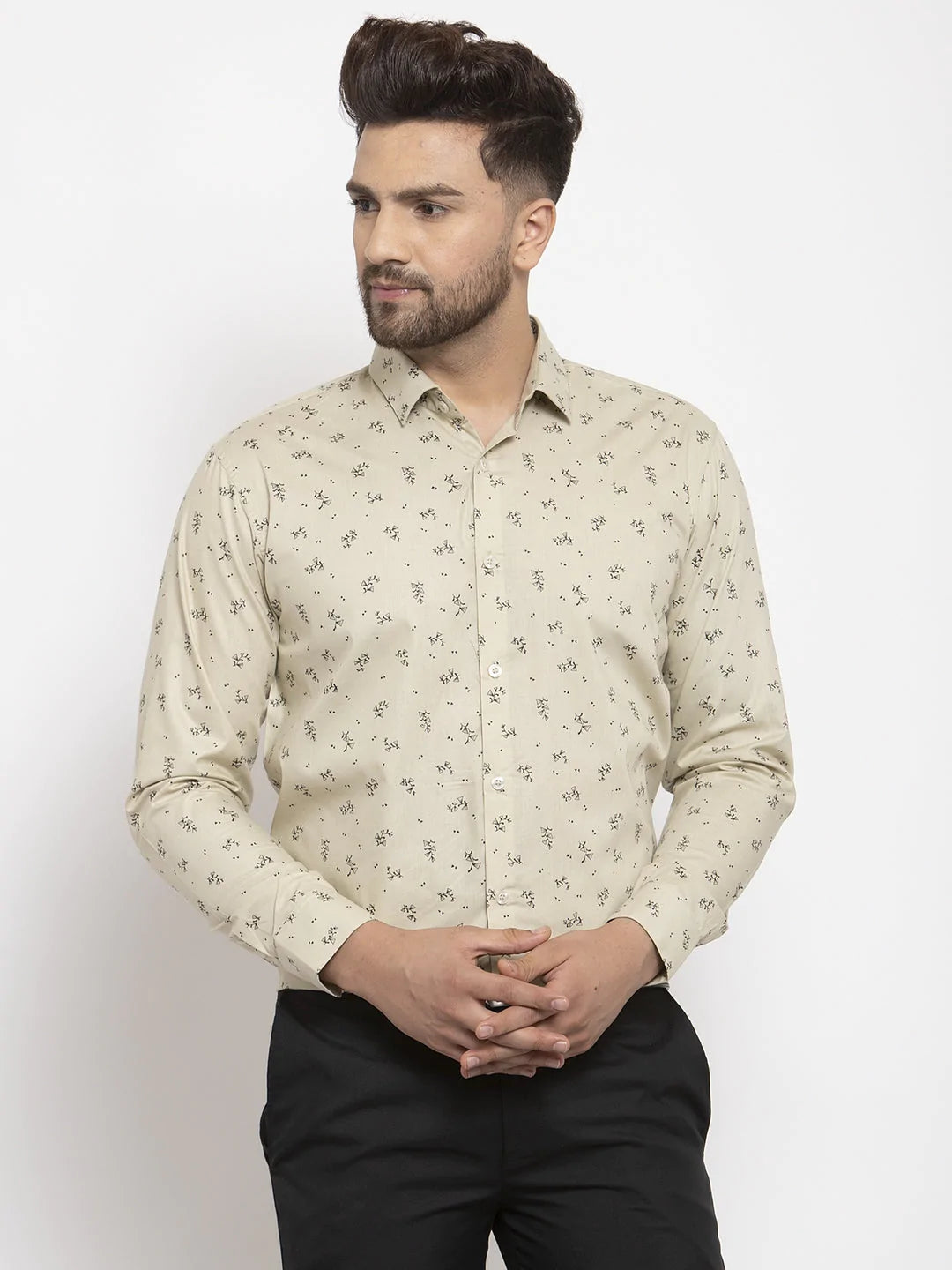 Jainish Cream Men's Cotton Printed Formal Shirt's ( SF 766Cream )