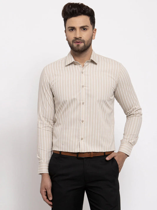 Jainish Cream Men's Cotton Striped Formal Shirt's ( SF 770Cream )
