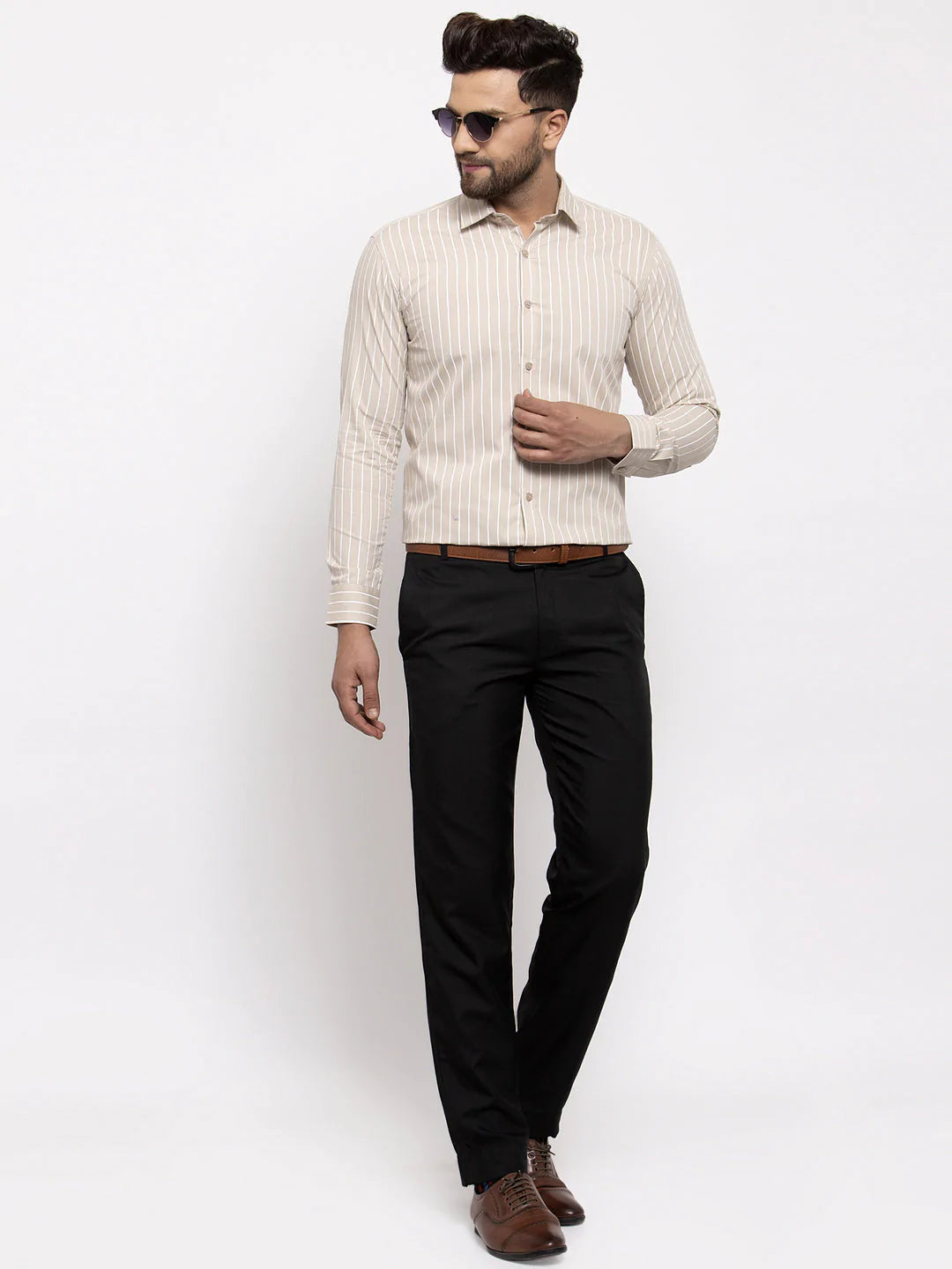 Jainish Cream Men's Cotton Striped Formal Shirt's ( SF 770Cream )