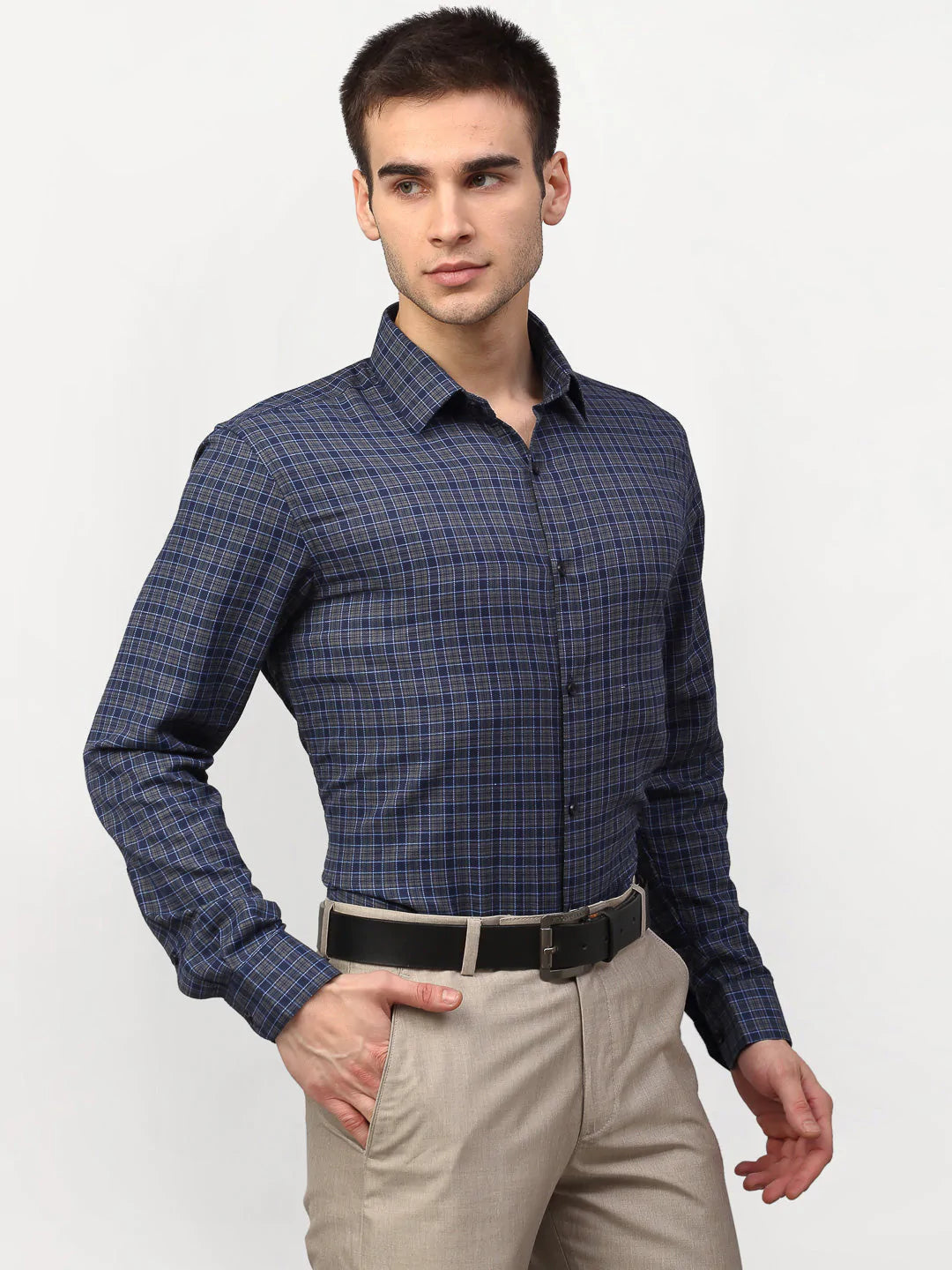 Jainish Blue Men's Checked Formal Shirts ( SF 780Blue-Grey )