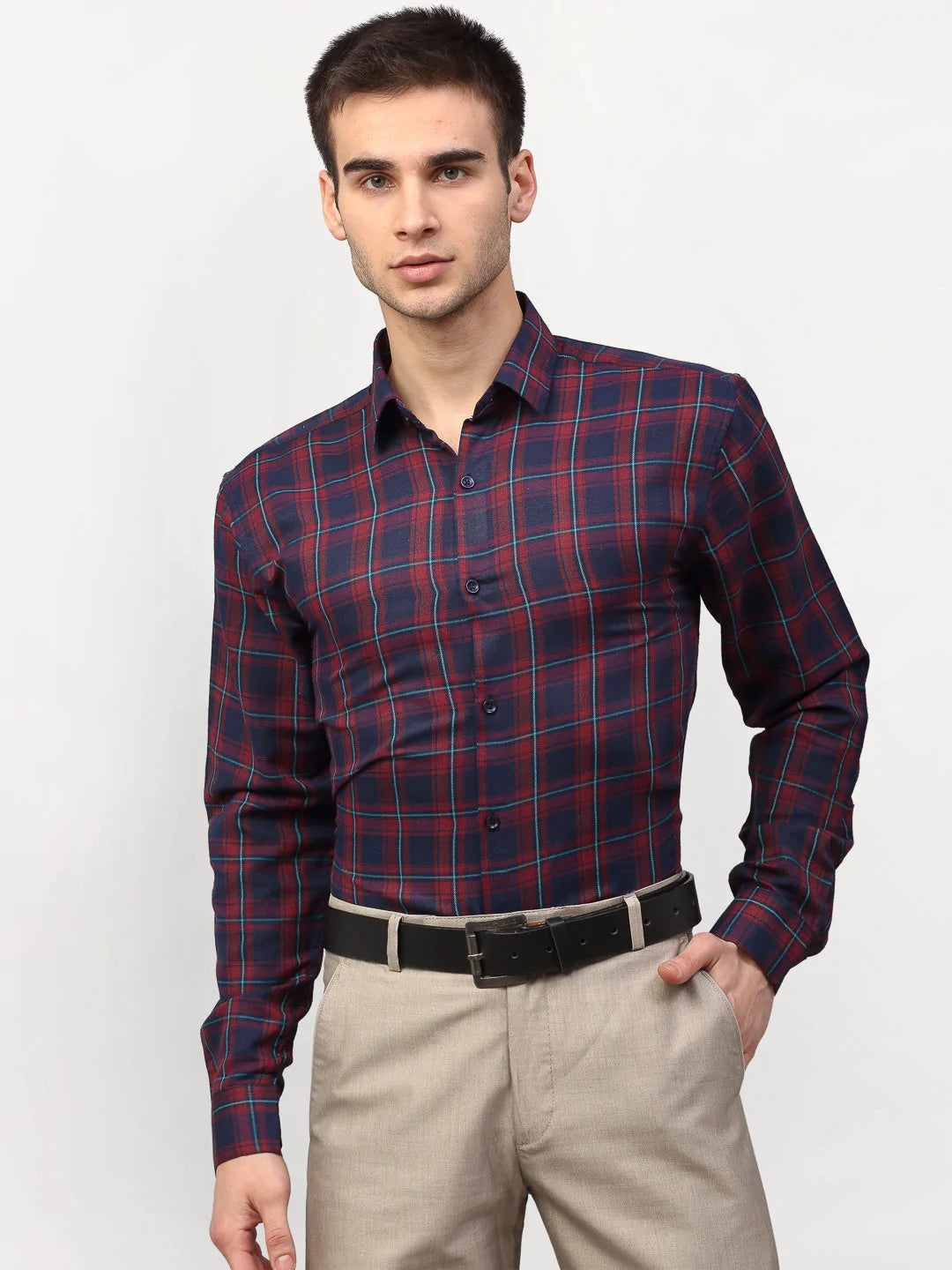 Jainish Red Men's Checked Formal Shirts ( SF 781Red-Blue )