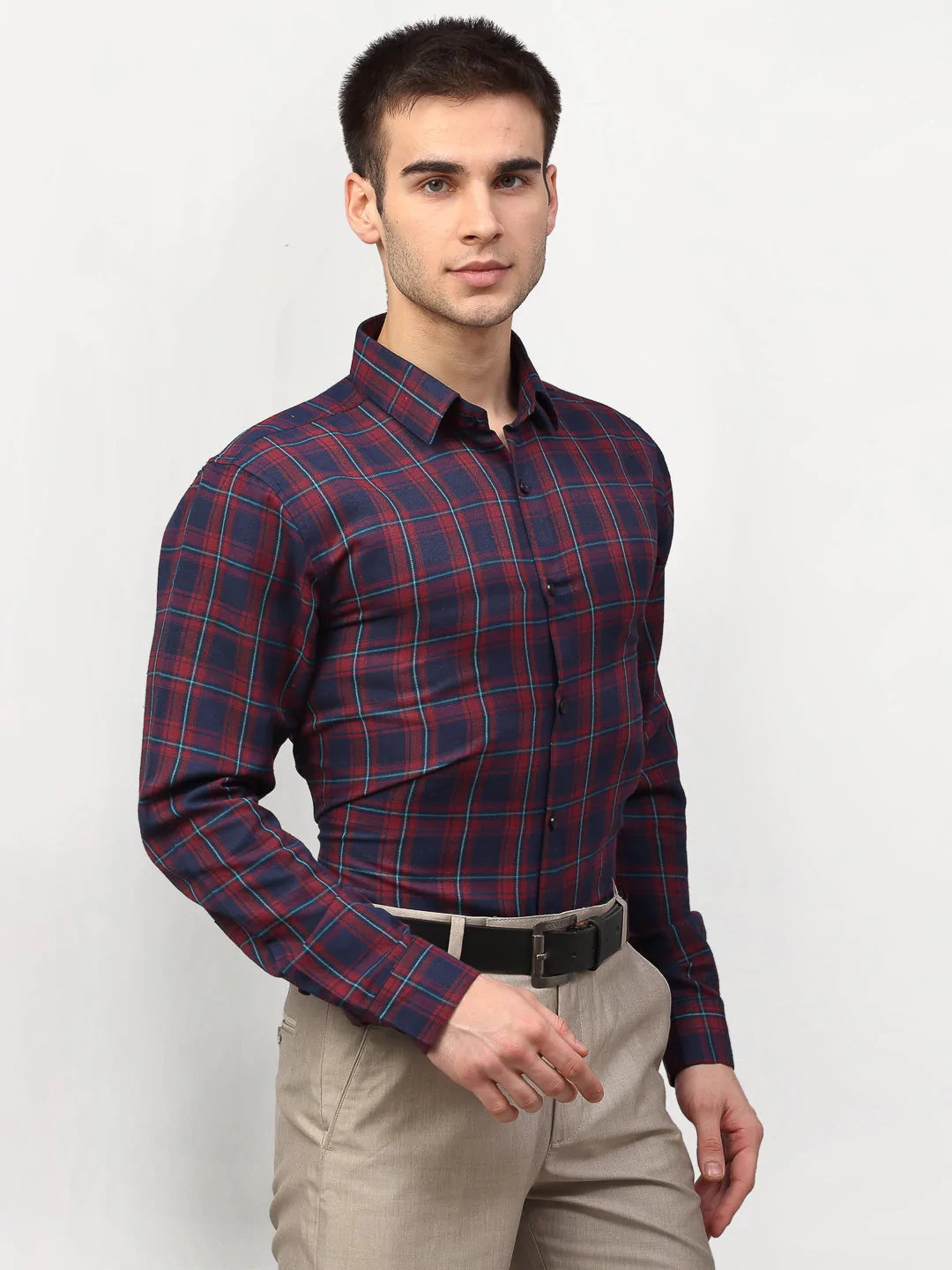 Jainish Red Men's Checked Formal Shirts ( SF 781Red-Blue )