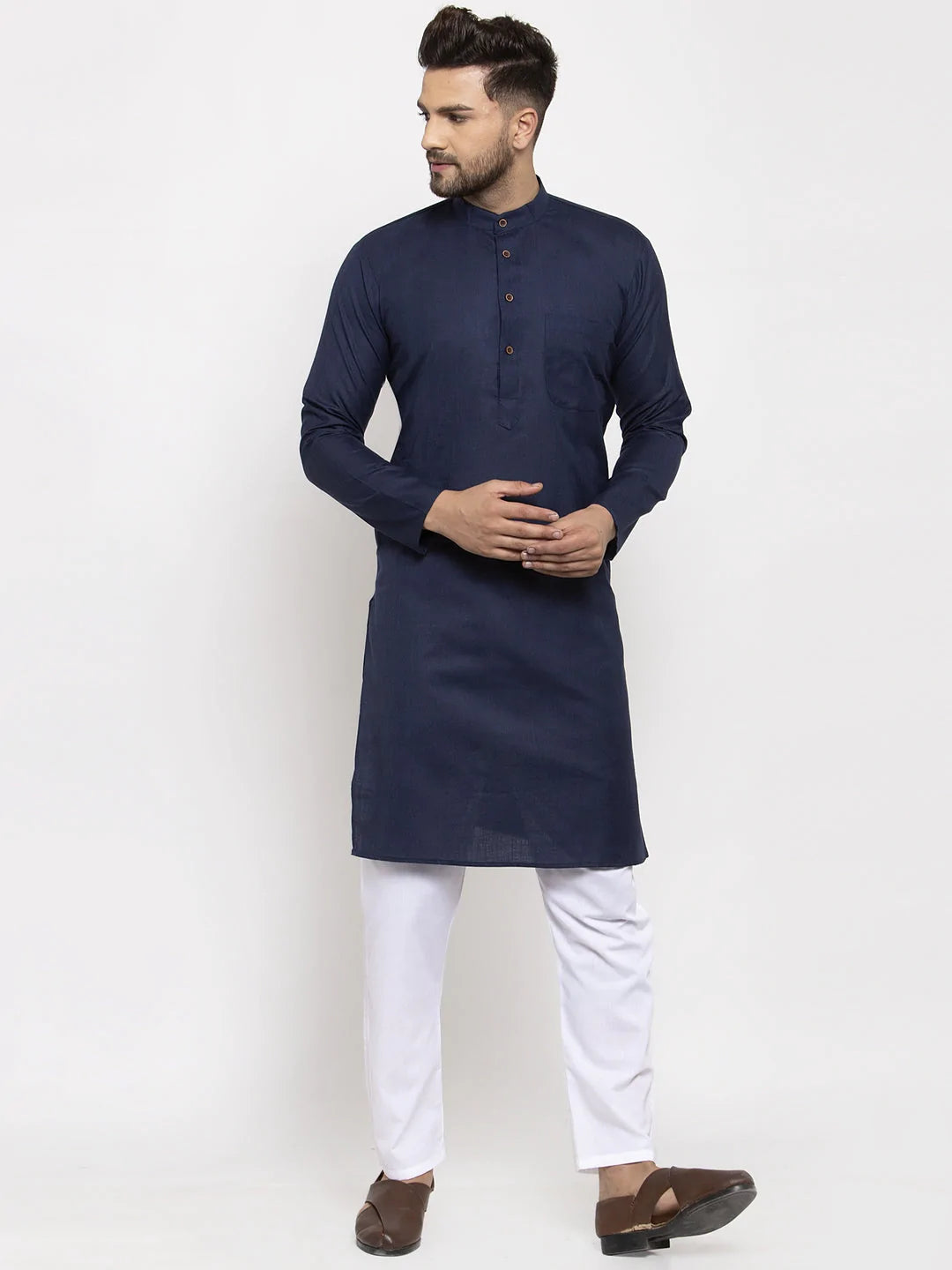 Men Navy-Blue & White Solid Kurta Only ( KO 532 Navy-Blue )