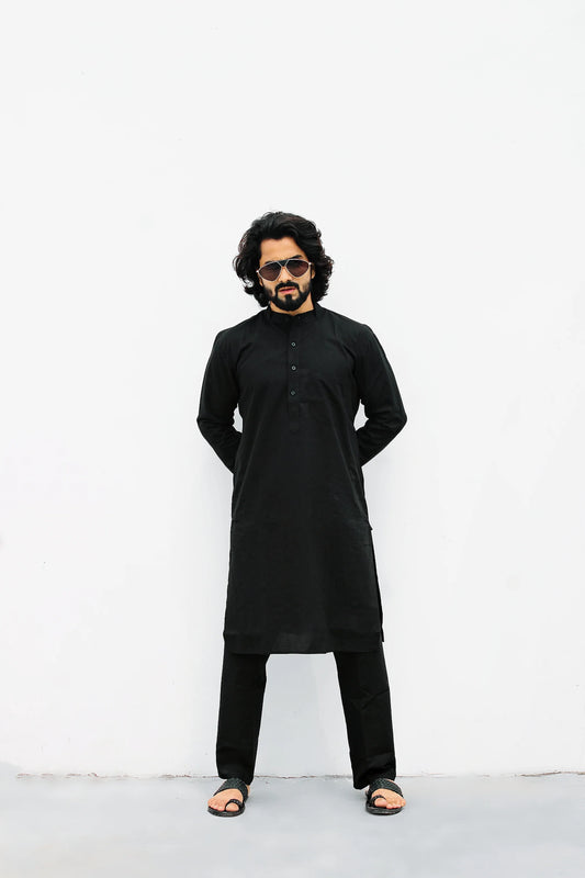 Jompers Men's Black Solid Cotton Kurta Payjama Set ( JOKP 555 Black )