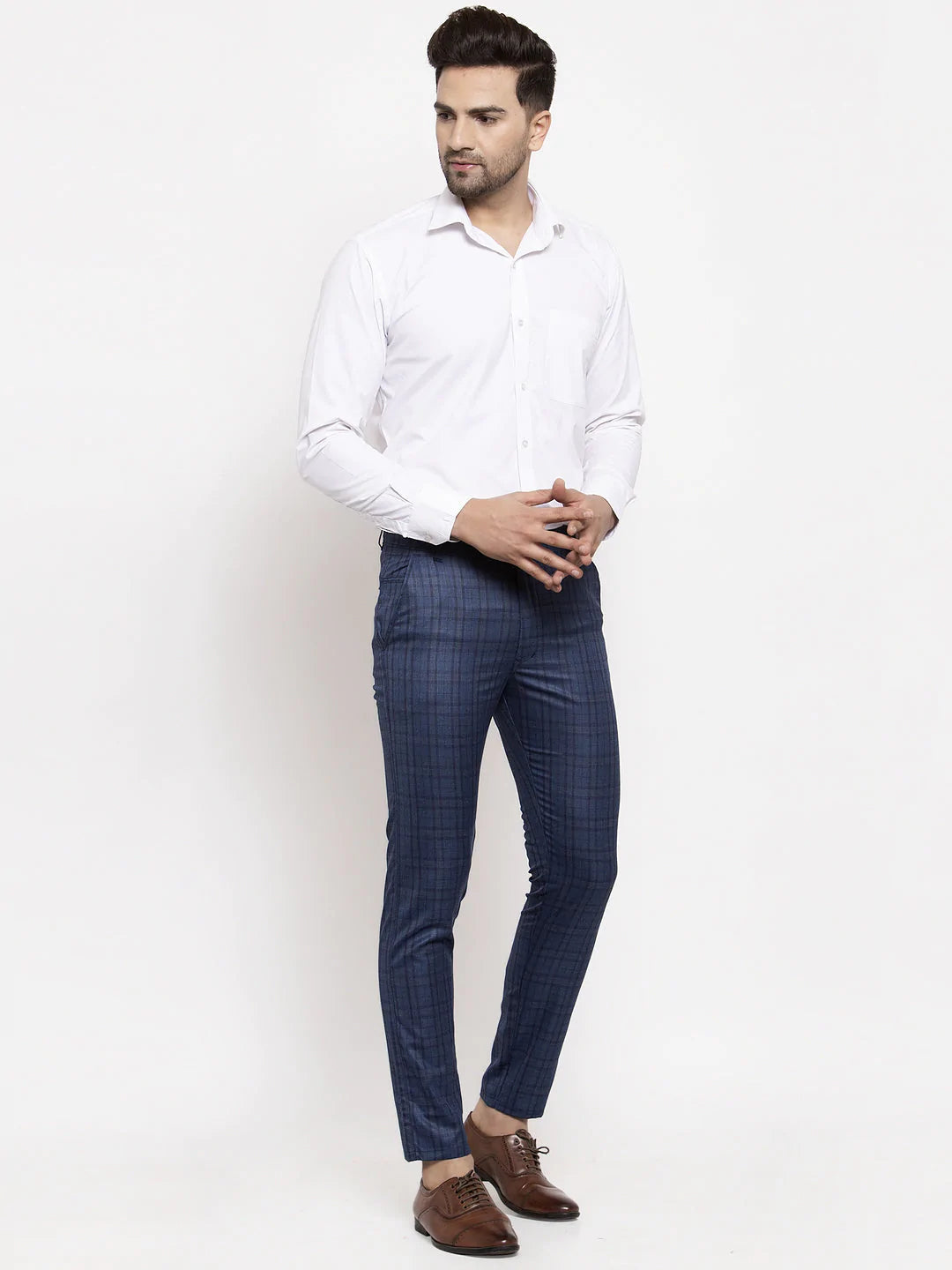 Jainish Men's Navy Cotton Checked Formal Trousers ( GP 259Navy-Blue )