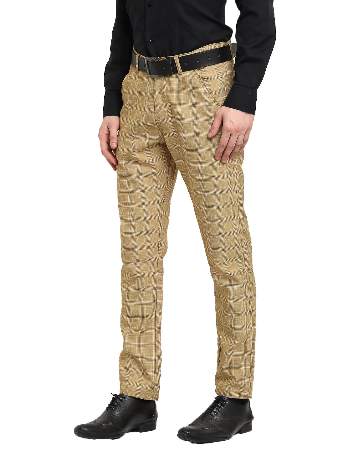 Jainish Men's Beige Cotton Checked Formal Trousers ( FGP 267Beige )