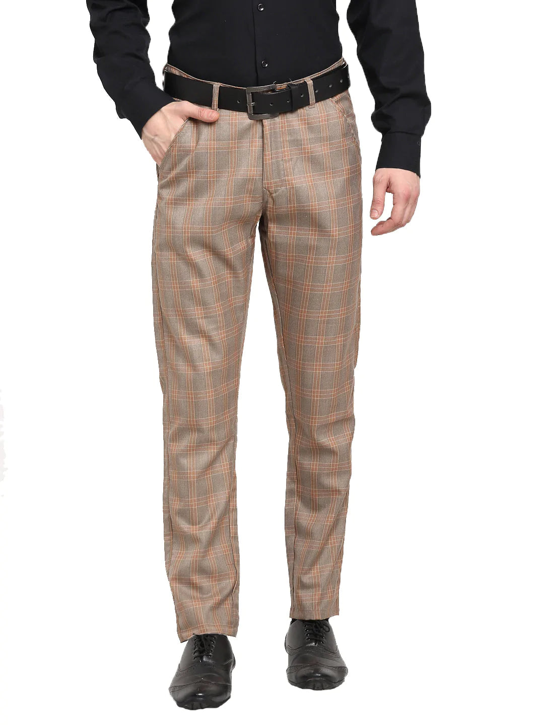 Jainish Men's Brown Cotton Checked Formal Trousers ( FGP 267Brown )
