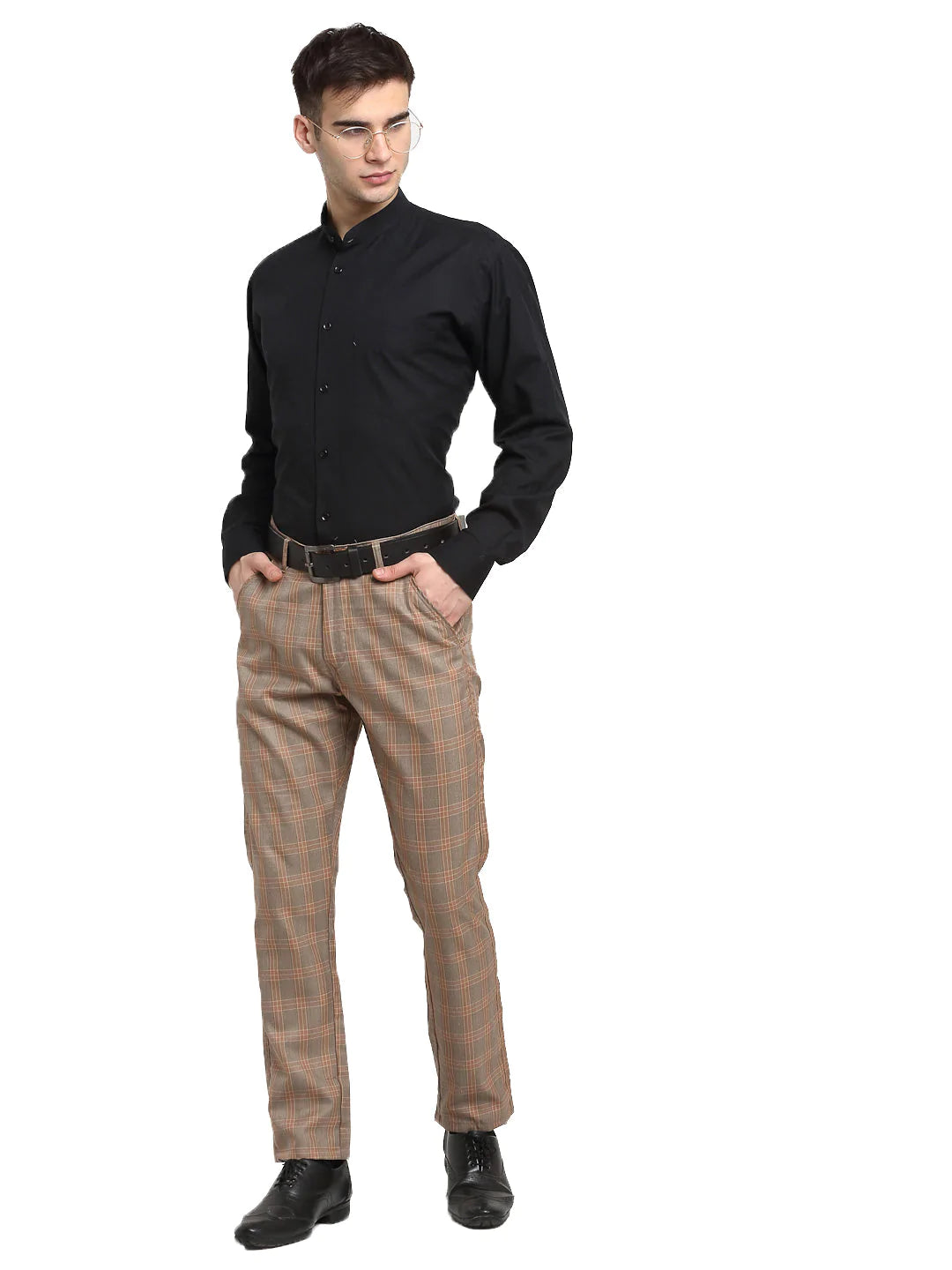Jainish Men's Brown Cotton Checked Formal Trousers ( FGP 267Brown )