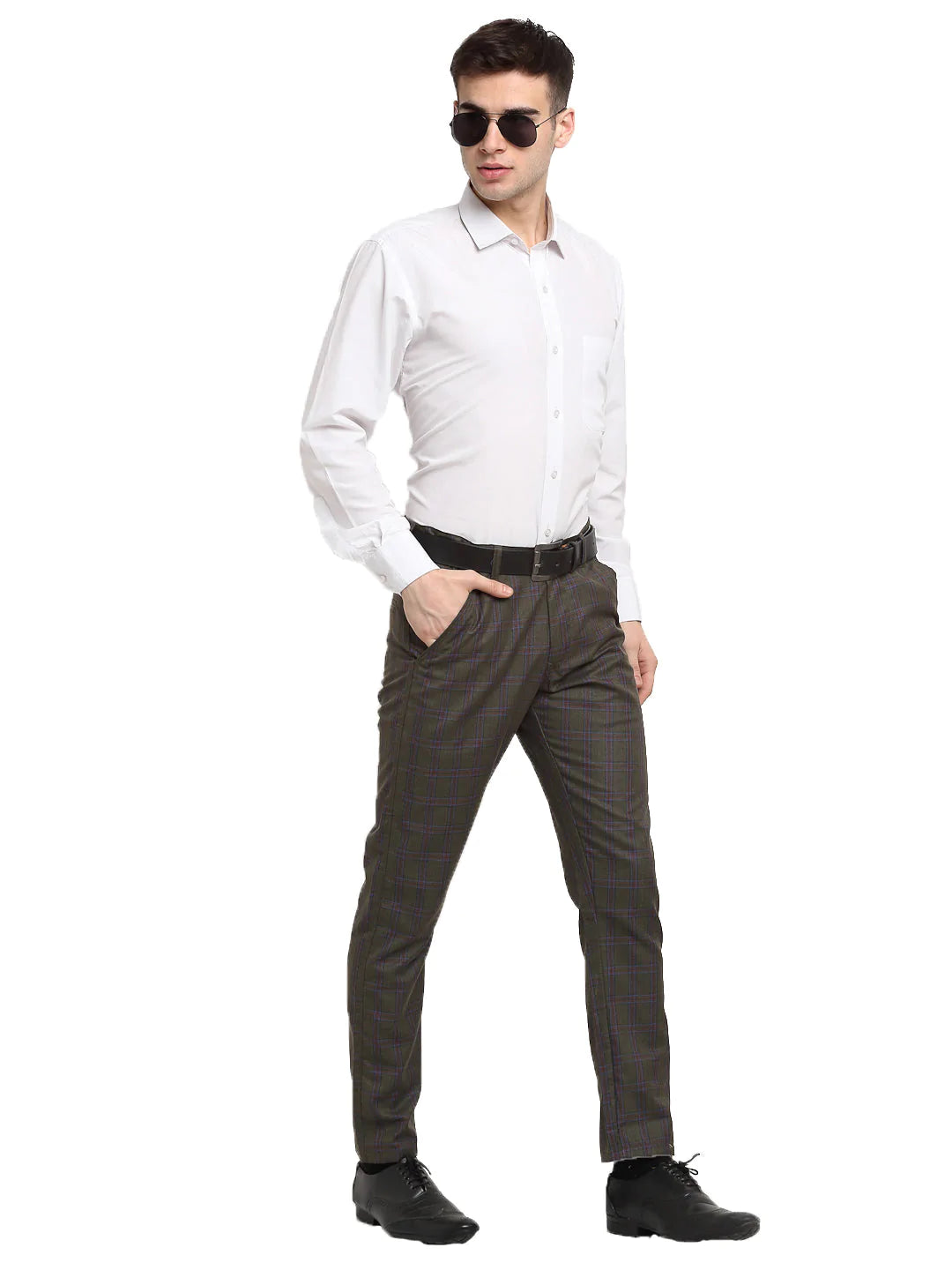 Jainish Men's Black Cotton Checked Formal Trousers ( FGP 267Charcoal )