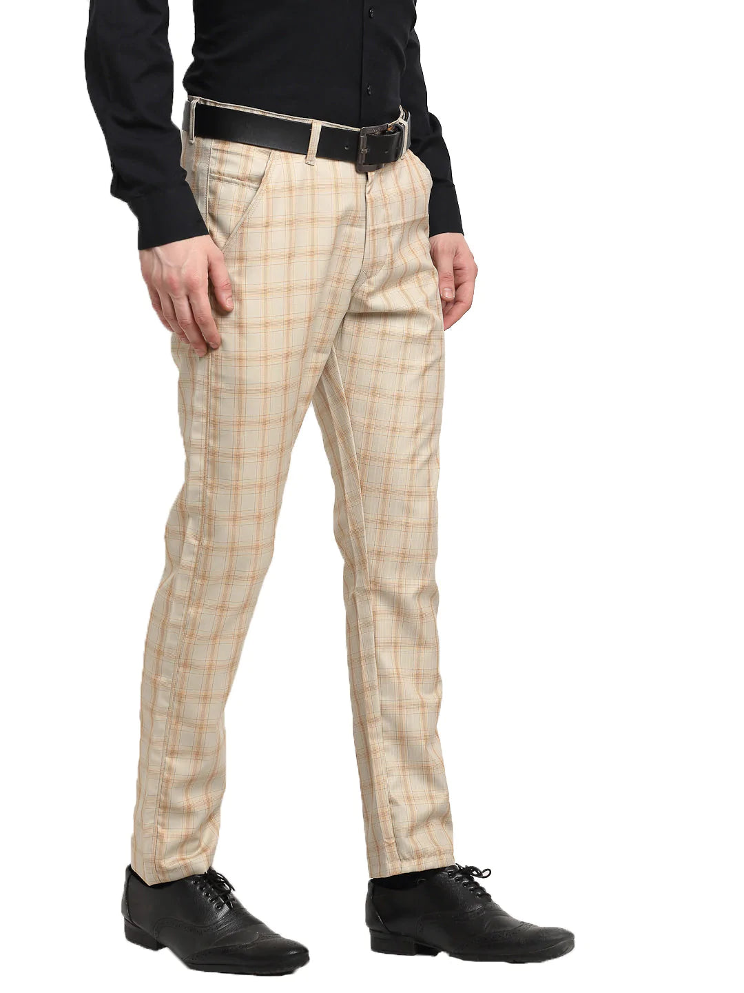 Jainish Men's Cream Cotton Checked Formal Trousers ( FGP 267Cream )