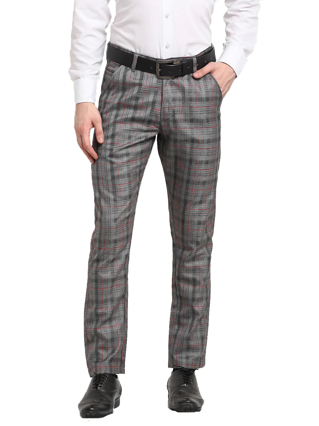 Jainish Men's Grey Cotton Checked Formal Trousers ( FGP 267Grey )